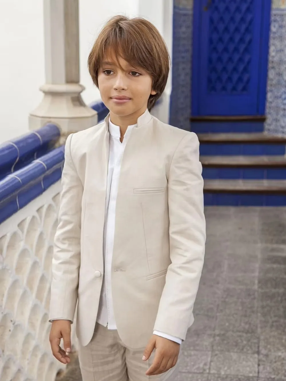

2 Pieces Beige Linen Boys Suit Set Jacket Pants Outdoor Activities Handsome Comfortable Kids Tuxedos Summer Beach Wedding Wear