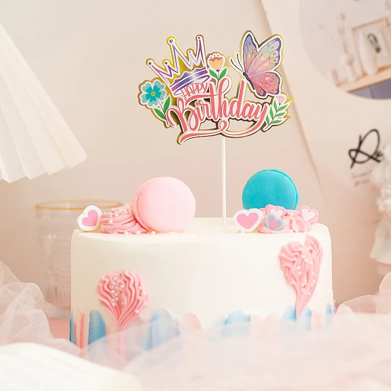 Butterfly Crown Cake Topper Flag Balloon Bear Shell Happy Birthday Wedding Kids Party Cake DIY Baking Cupcake Toppers Decoration