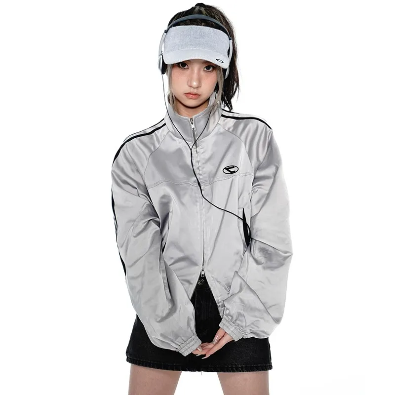 Karrcat Cyber Y2k Silver Jacket Vintage Reflective Techwear Grunge Aesthetics Double Zipper Coat Korean Style Sports Streetwear