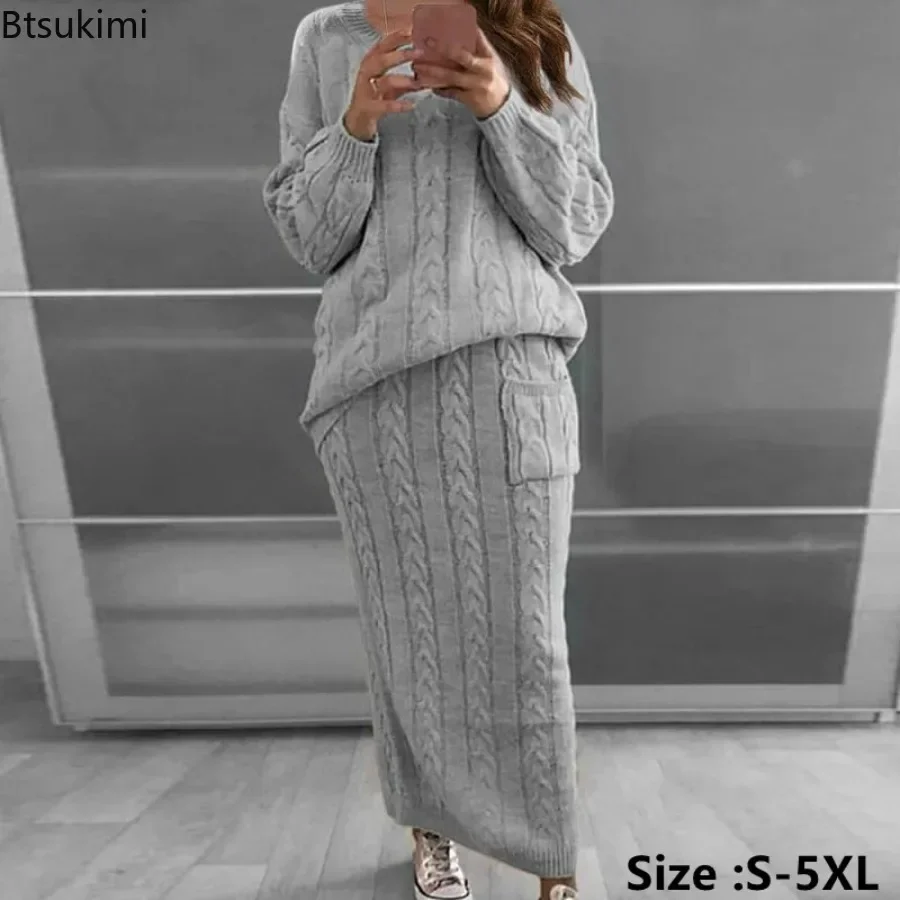 2024 Damen gestrickt 2 Stück Kleider sets für Winter Langarm Pullover Pullover Top Strick röcke Anzüge Sets warme Sets weiblich