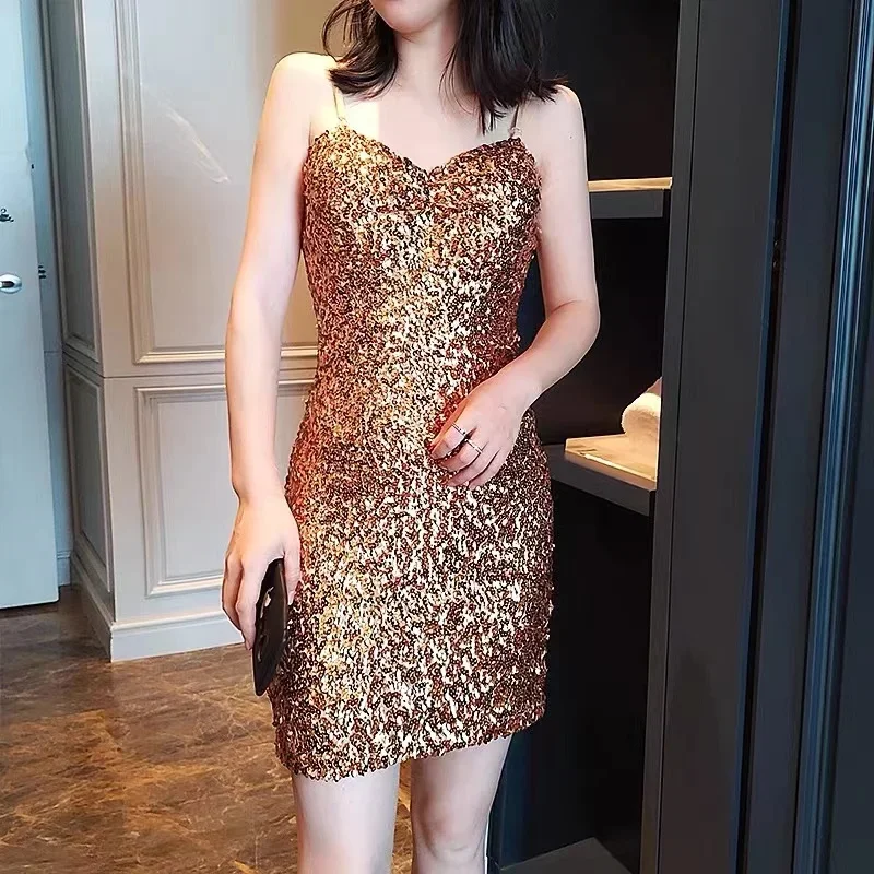 

Women Sequined Strap Dress Summer Sexy Elegant Backless Party Dress KoreanPencil Dress Night Club Style Milk frother Coffe Milk