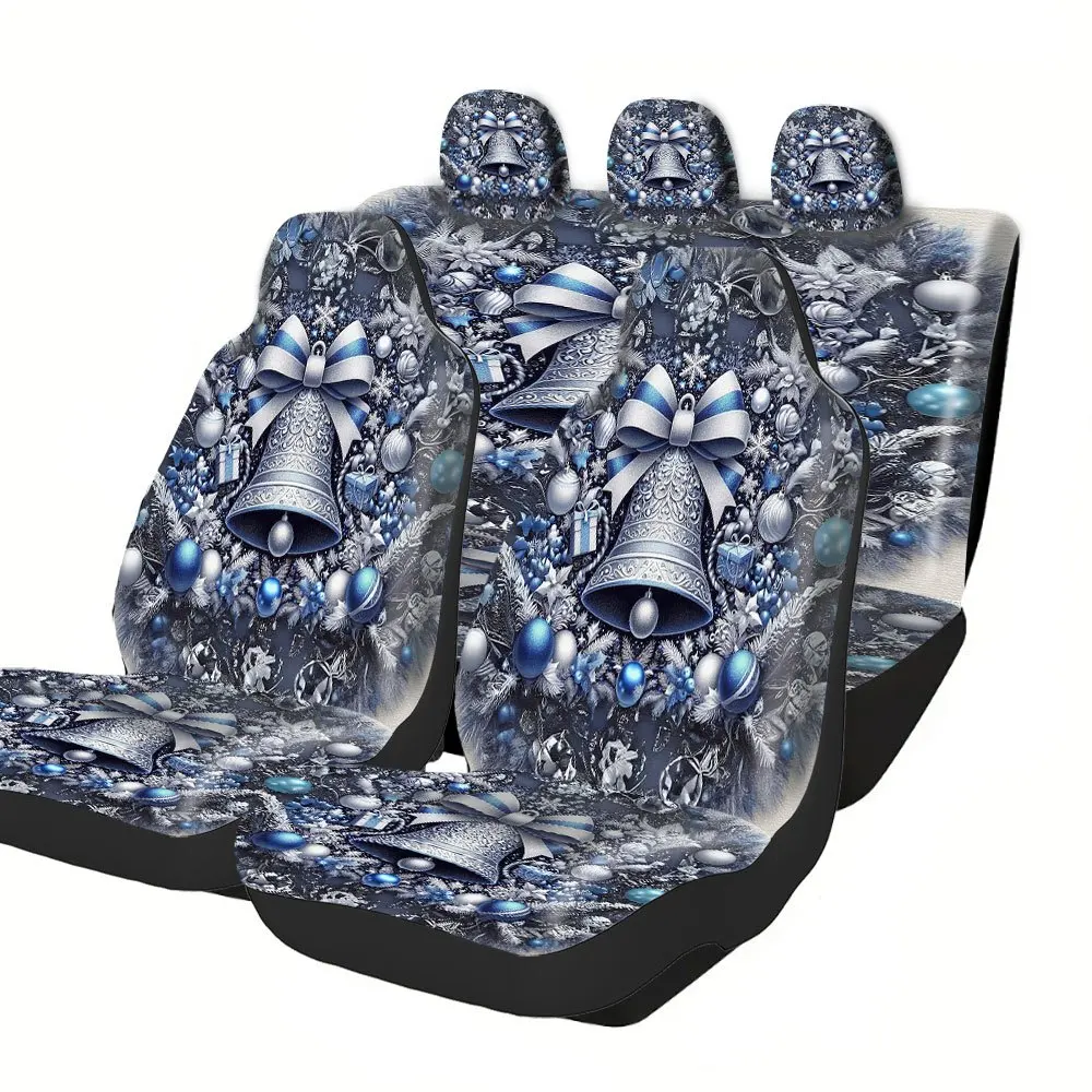 Trendy Print Car Seat Covers Full Set Fit Festive Christmas Bell Bow Ornaments Design Premium Material Comfortable Breathable I