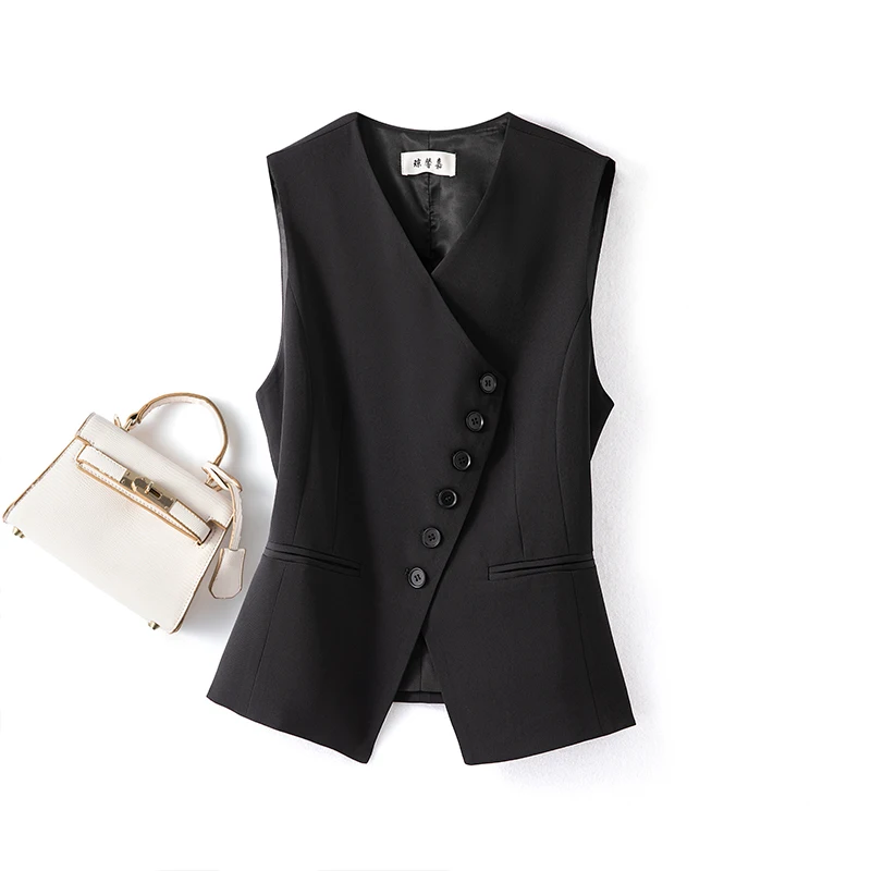 #0729 Black Outerwear Vest Women V-neck Slim Asymmetrical Blazer Vest Female Short Sleeveless Vest Coat Single Breasted Spring