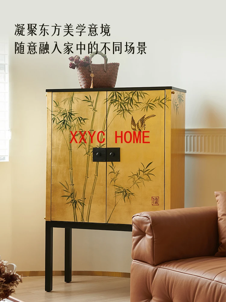 Handmade Gold Foil Antique Style Entrance Cabinet Advanced Solid Wood Side Cabinet Storage Cabinet