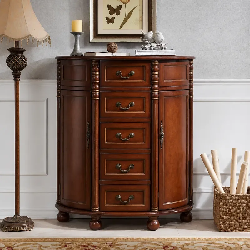 American Country Solid Wood Five Drawer Entrance Cabinet Walnut Brown Foyer Semicircular Table Retro Style Console Table for