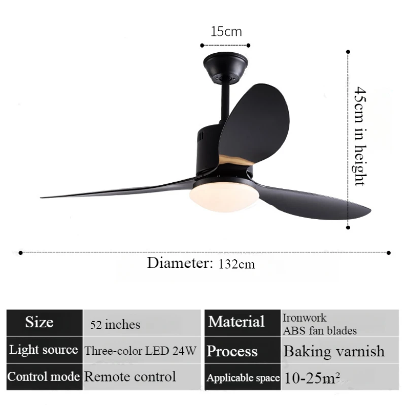 52in Ceiling Fan with Light and Remote Control 6-Speed 3-Color Dimmable Inverter Fan for Restaurant Living Room Home Decor Black