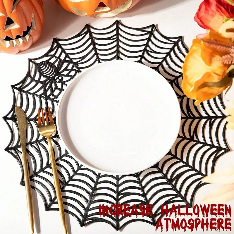 5PCS- Halloween Round Spider Web Table Mat + Coaster Set, Hollowed-out Anti-slip Home Heat Insulation Pad