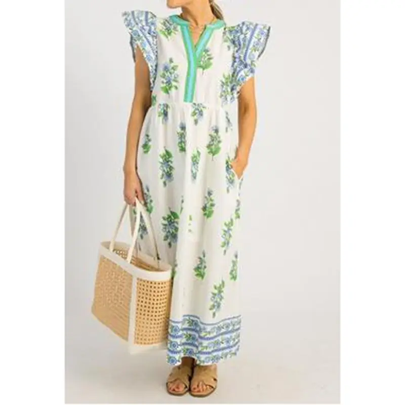 Combhasaki feminino boêmio listrado floral impressão contraste cor plissado em camadas manga mosca com decote em v flowy elegante a linha vestido longo