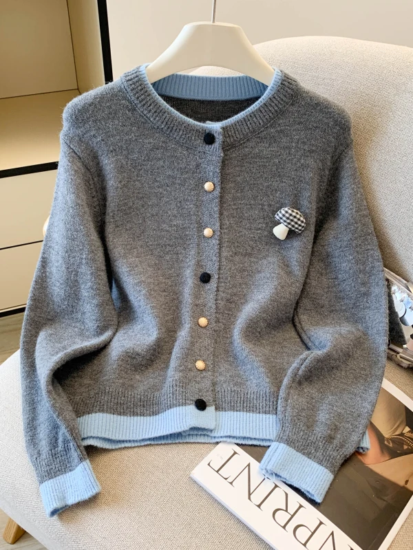 

Color Block Knitted Button up round Neck Sweater Coat Women's Autumn Winter Fashion Versatile Ageless Top Fake Two-Piece Card...