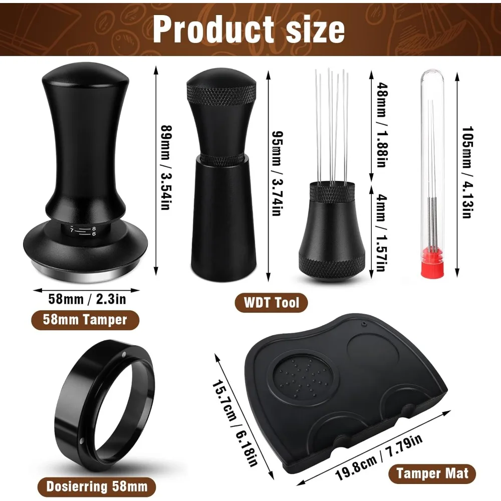 58mm Coffee Tamper Set, Including WDT Tool, 54mm Dosing Ring, Tamper Pad, Stainless Steel Pressure Regulating Tamper Base，Black