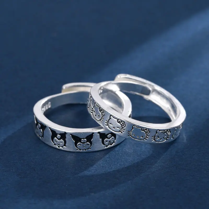 Hello Kitty S925 Sterling Silver Adjustable Couple Rings for Men and Women Cute High Sense Openings To Send Lover Gift Rings