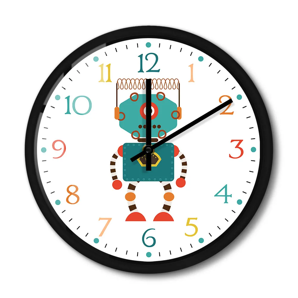 

Retro Style Kids Robot Modern Design Metal Wall Clock For Nursery Boys Kids Bedroom Scientific Silent Modern Large Wall Watch