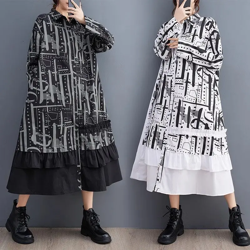 Women's Loose Oversized Irregular Dress Line Print Patchwork Shirt Dress Casual Temperament Korean Version Women Clothing Z2782