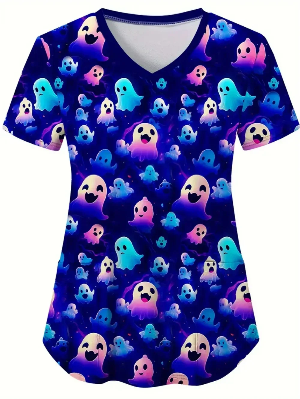 

2025 Halloween Series Medical Uniforms Woman Fashion V-Neck Pocket Tops Comfortable Dentist Vet Short Sleeve Woman Health Unifor
