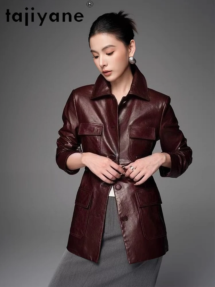TAJIYANE Prawdziwa Skóra Owcza Olejowana Woskiem Kurtki Skórzane Czerwone Płaszcze Średniej Długości Dopasowane Kurtki Skórzane dla Kobiet Jesień 2025 Odzież шуба