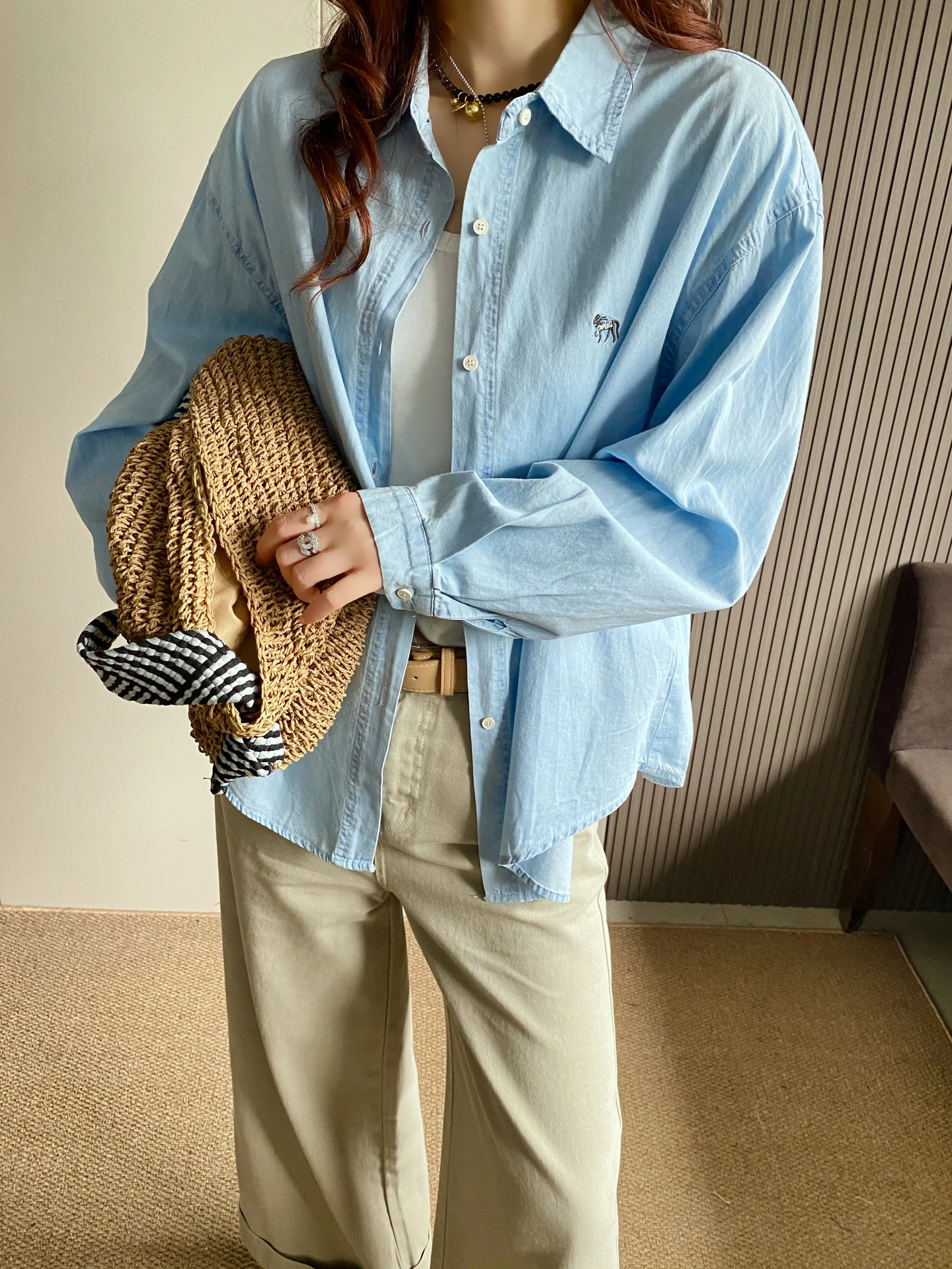 

Casual Loose Long Sleeve Embroidered Denim Shirt Women's Spring New Style Light Blue Small Spurs Loose Casual Top