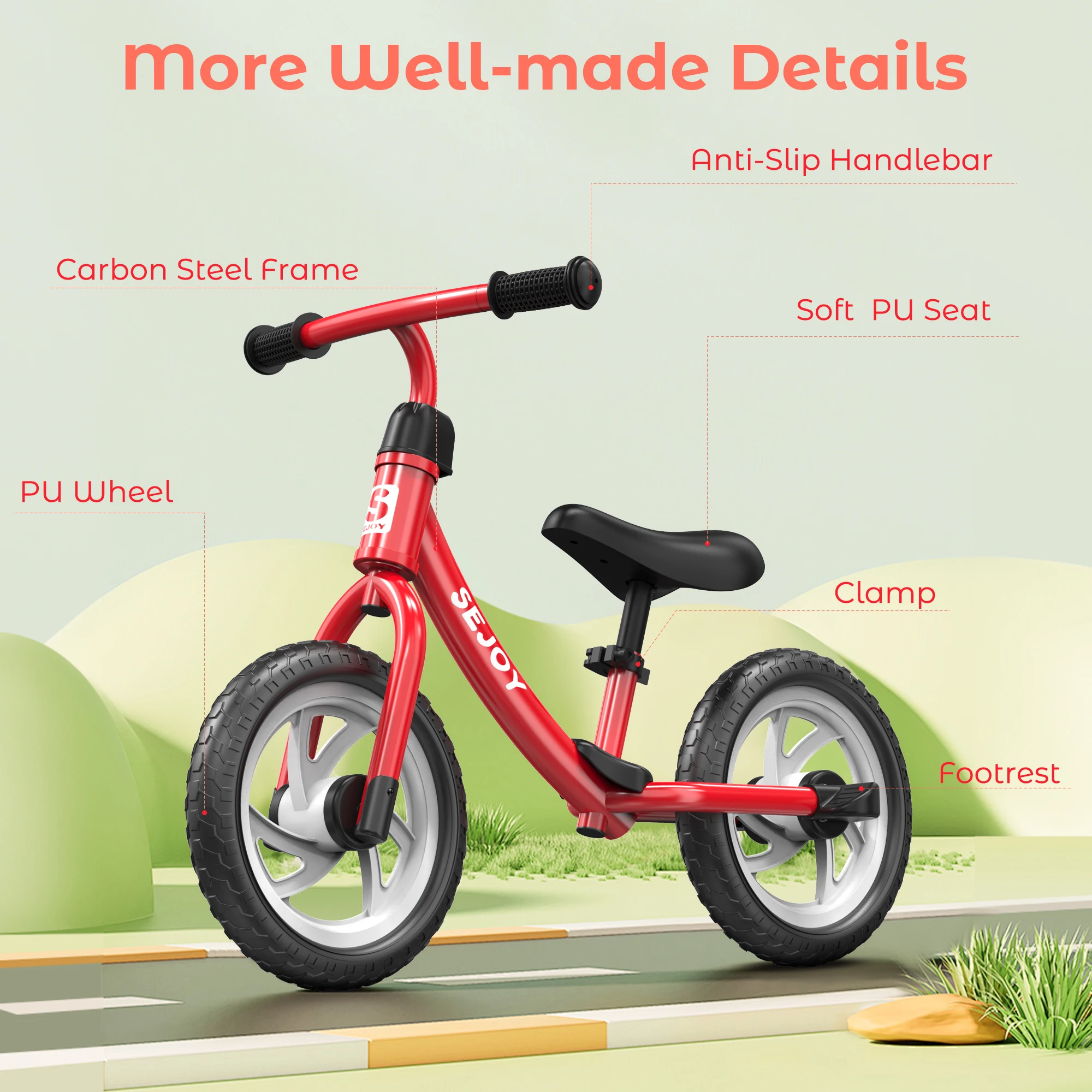 SEJOY Bicicleta de equilíbrio para crianças de 2 a 6 anos, rodas de 12 ", bicicleta externa, scooter de brinquedo, altura ajustável