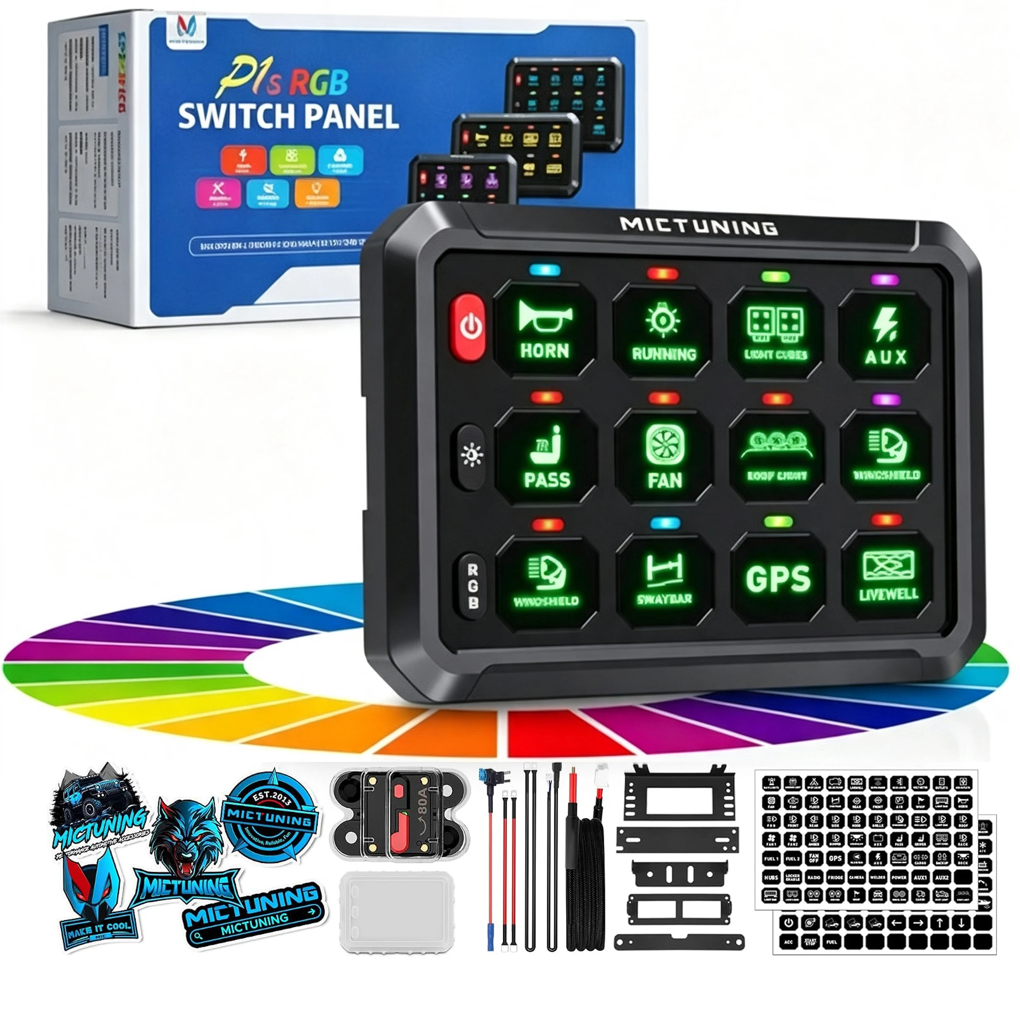 MICTUNING RGB 12 Gang Switch Panel, High Power 6 Level Brightness 5'' Toggle Switch Momentary Circuit Control Relay System Box