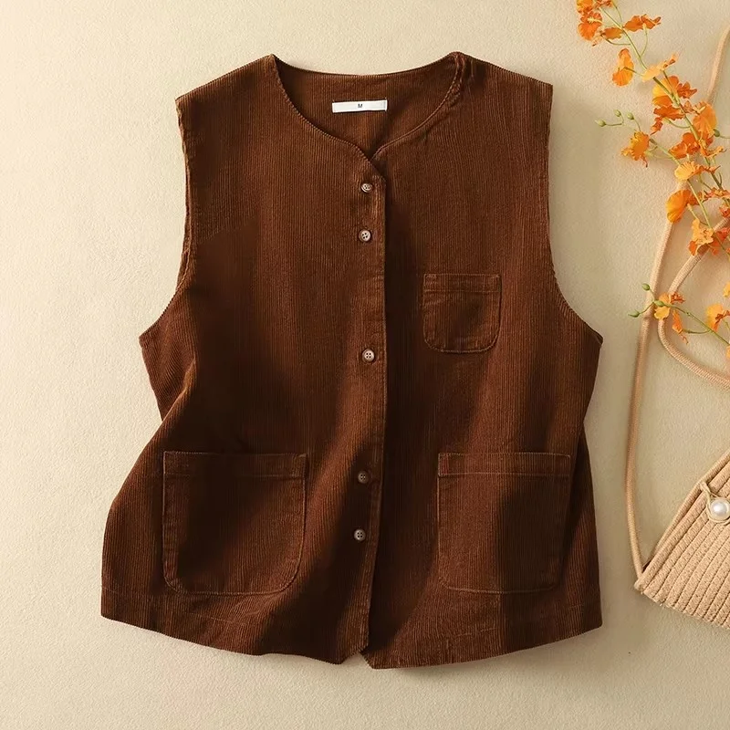 Corduroy Vest for Women - Japanese Style Solid Color Layered Vest, Artistic Retro Single-Breasted Top with Pockets w2414