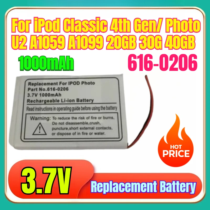 

Высококачественный аккумулятор 616-0206 3,7 В 1000 мАч для iPod Classic 4-го поколения Photo U2 A1099 A1059 20 ГБ 30G 40 ГБ + инструмент