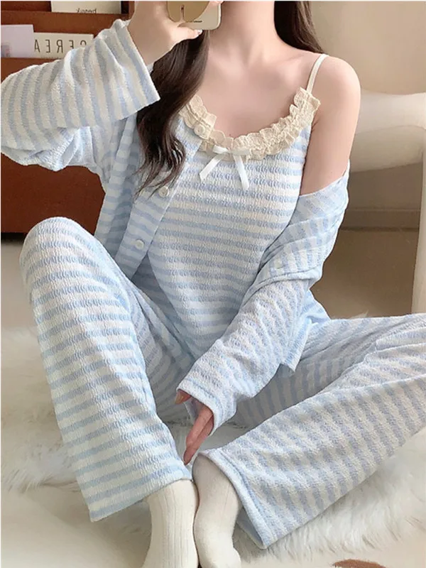 Sexy Blue Striped Women's Sleepwear Cotton Long Sleeve Strap Home Clothes Set with Chest Pad Spring Autumn Three-Piece Suit