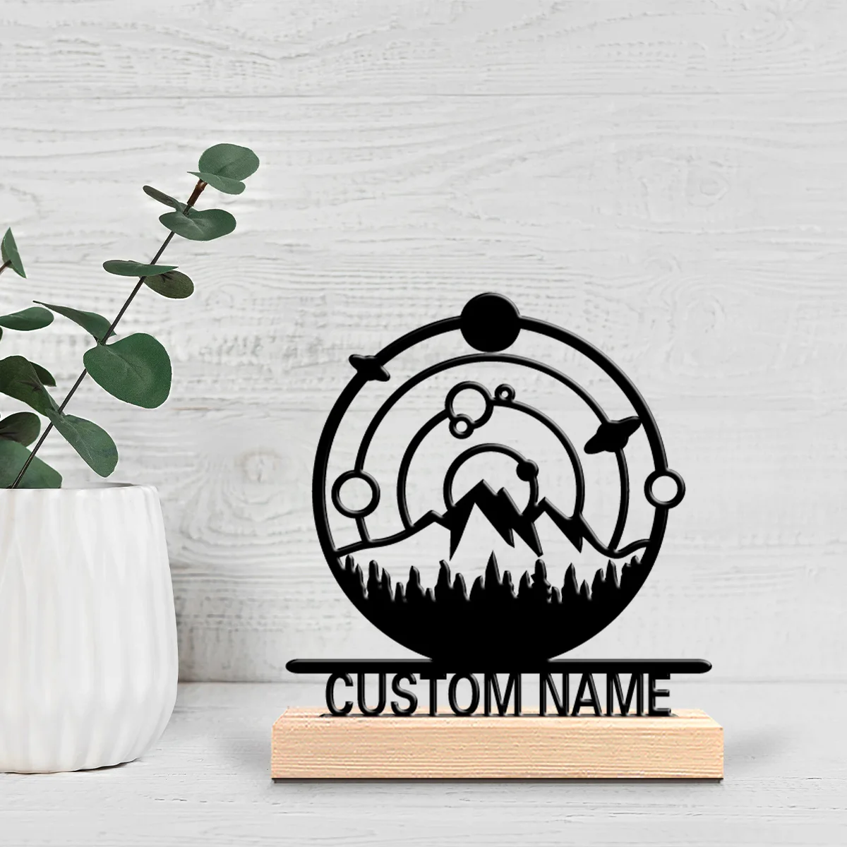 1pc Abstract Planetary Mountains Personalized Letter Art Crafts With Wood Base Tin Ornament With Wood Base Bedroom Table