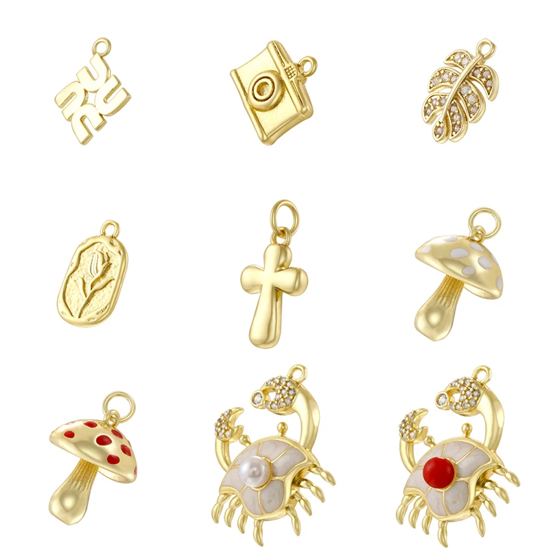 3Pcs Floral/Camera/Mushroom-Shaped Charms 18K Gold-Plated Brass Pendants Vintage Handcrafted Jewelry Accessories: VD1926-VD1932