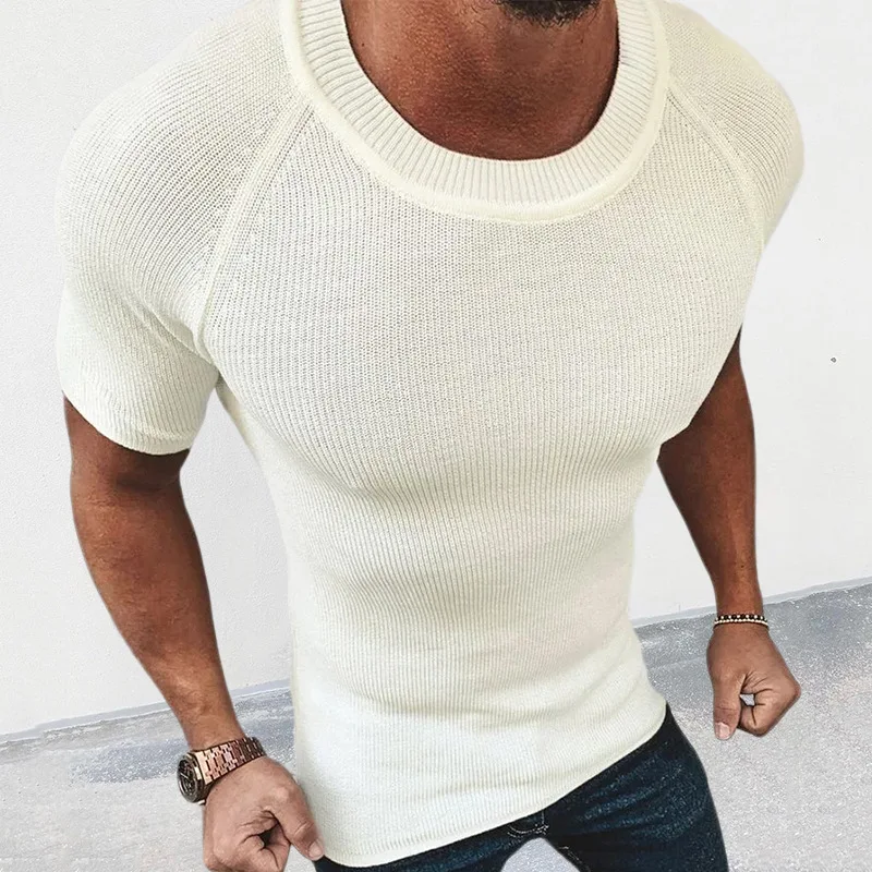 Knitted Sweater Men's, Spring And Summer Solid Color Slim-fitting Short-sleeved Pullover Top Muscle Men's Clothing