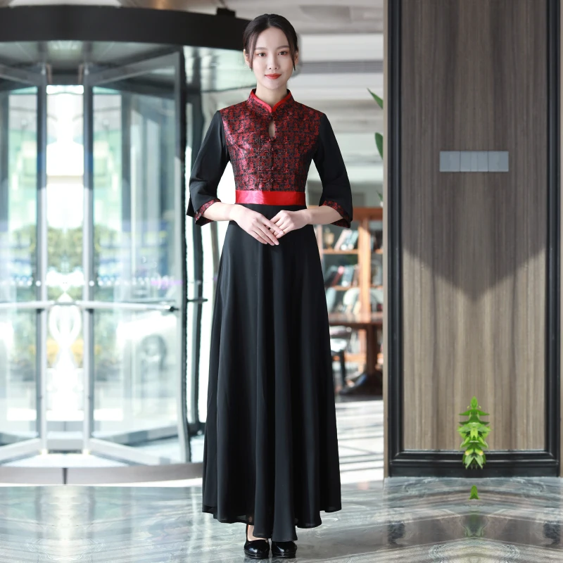 Hotel front desk manager welcome etiquette reception uniform female Chinese dress restaurant waiter work clothes