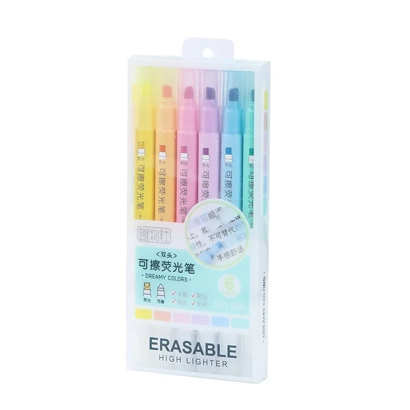 6pcs Erasable Highlighters Pastel Markers Dual Tip Fluorescent Pen for Art Drawing Doodling Marking School Japanese Stationery