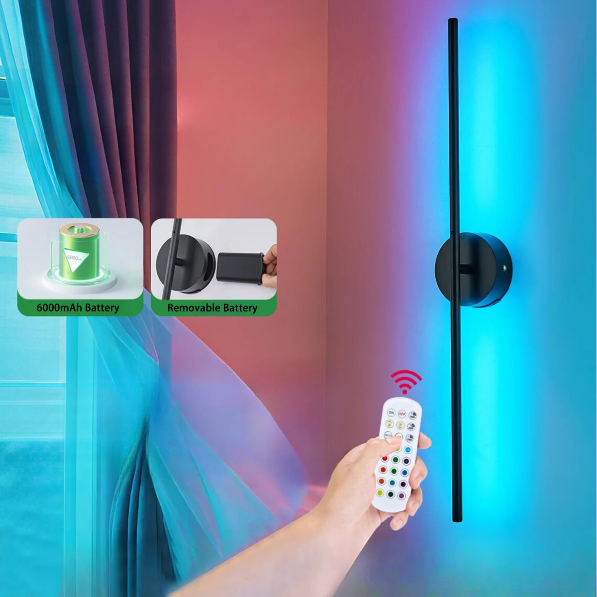 

31.5 Inch Battery Operated Wall Sconce Set of 2, Black Rechargeable LED Wireless Wall Lights with Remote, 12 Colors Dimmable