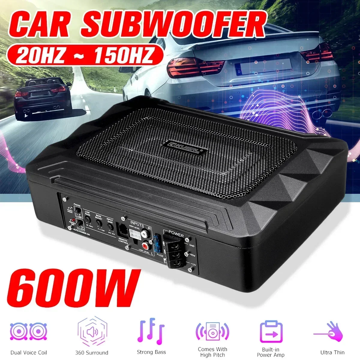 600W/800W Car Active Subwoofer Audio Speaker Ultra thin Subwoofer Bass Amplifier Auto Surround Sound Car Audio System Body Kit