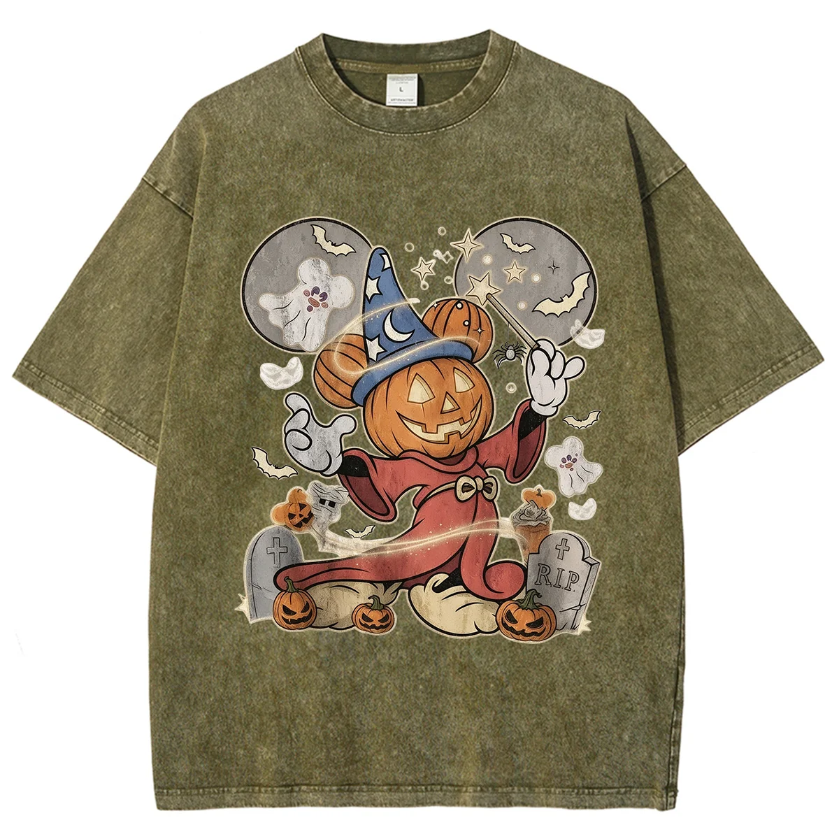 Unisex Washed Black Halloween Pumpkin Wizard Short Sleeve T Shirt Vintage Distressed Pumpkin Wizard Magic Night Graphic Tee
