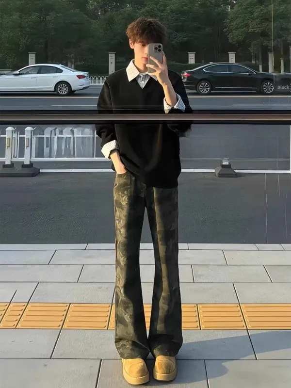 

Мужские джинсы Cleanfit с камуфляжным принтом, прямые, зауженные, с высокой талией, в американском уличном стиле, повседневные, из денима