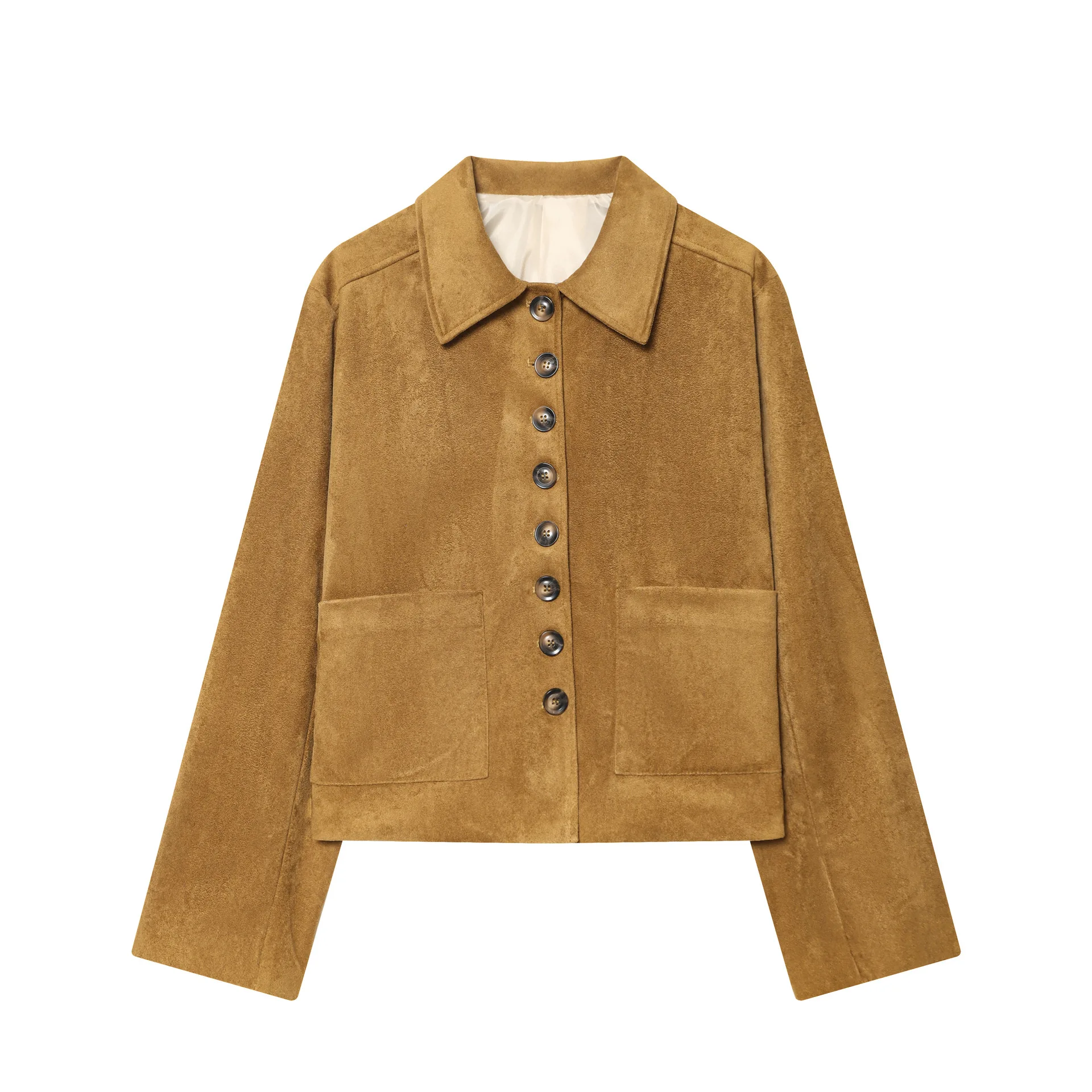 

KIDCRKJ Women Spring Suede Coat Lapel Collar Big Pockets Single Breasted Suit Jacket For Female Comuuting Casual Lady Blazer