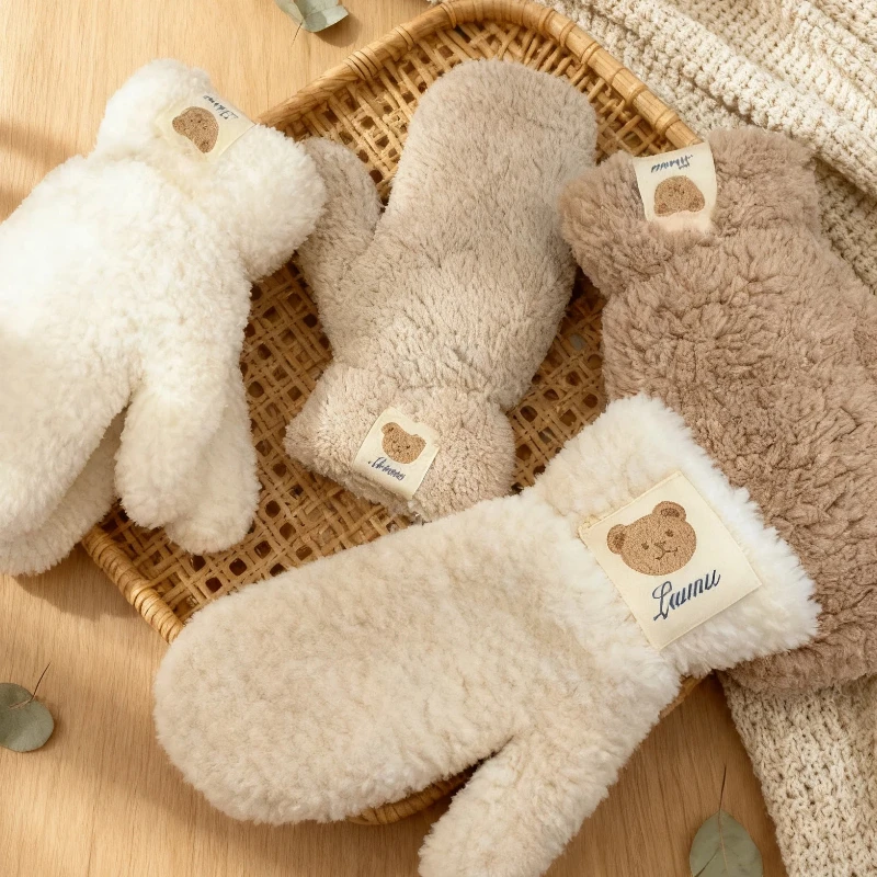 قفازات الحماية الباردة قفازات كاملة الأصابع قفازات دافئة معلقة الرقبة يندبروف سميكة الدفء المخملية الشتاء قفازات الدب لطيف