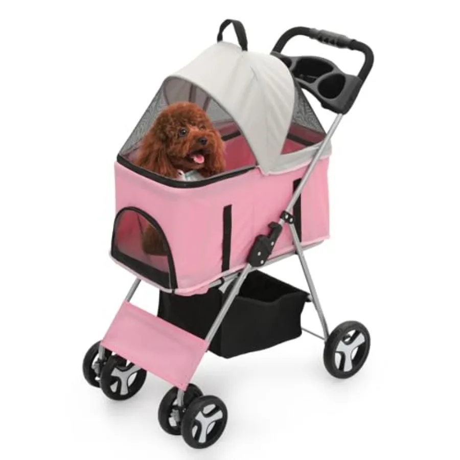 

3-in-1 foldable dog stroller for travel and jogging, polyester fabric, pink, lightweight with detachable carrier and cup holder