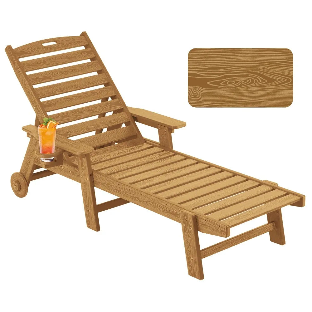 

Chaise Lounge Chair Outdoor with Wheels, Oversize Patio Lounge Chair with Wood Texture, 5-Position Plastic Lounge, Customized