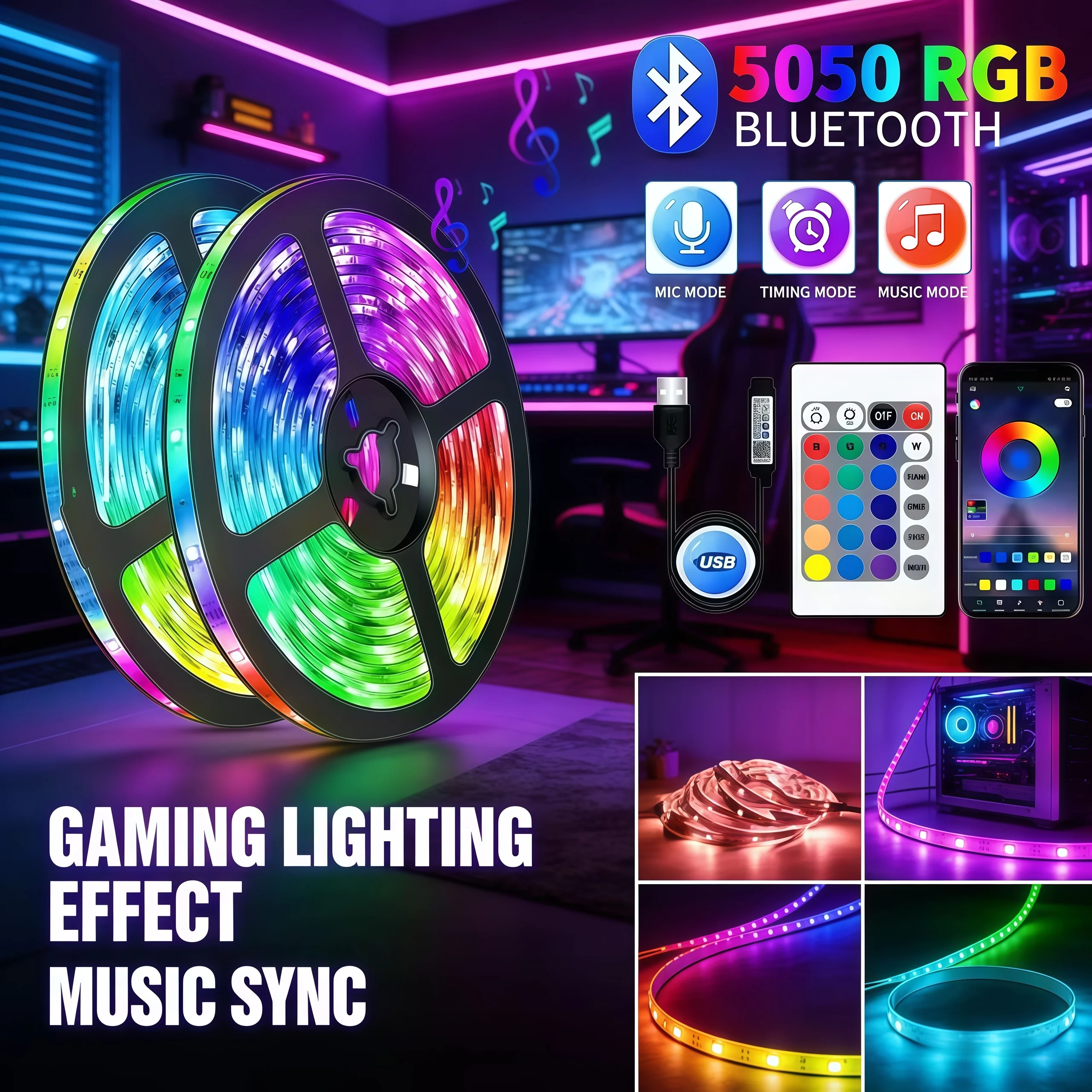 

Светодиодная лента RGB 5050 с Bluetooth-управлением, 1-30 м, USB 5В, гибкая, для подсветки ТВ и декора игровой комнаты