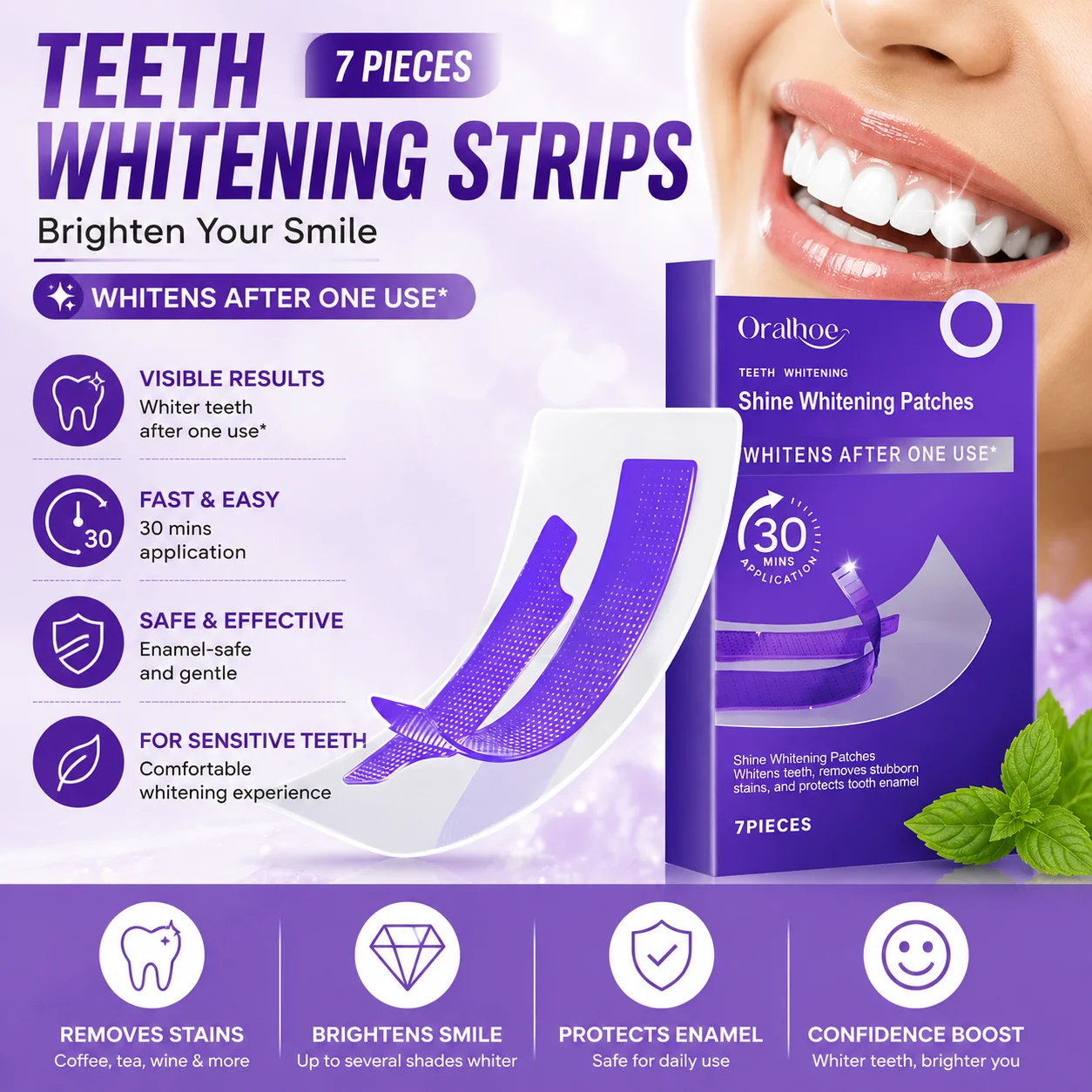 Teeth Whitening Bleaching Kit - 7 шт. фиолетовых полосок для отбеливания