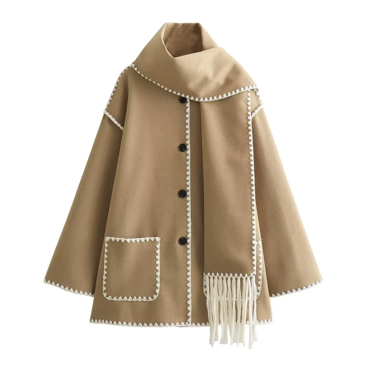 Scarf splicing collar casual woolen coat women autumn and winter new style fashionable all-match loose design woolen top