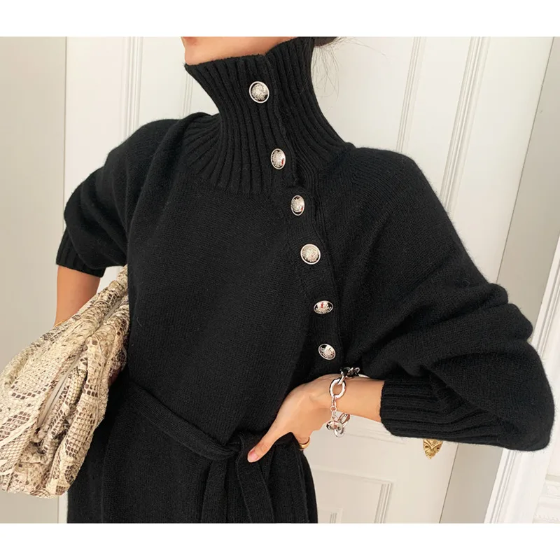 Turtleneck Buttons Lace-up Autumn Winter Elegant Dresses for Women Robe Sweater Maxi Dress Female Thick Knitted One-piece Dress