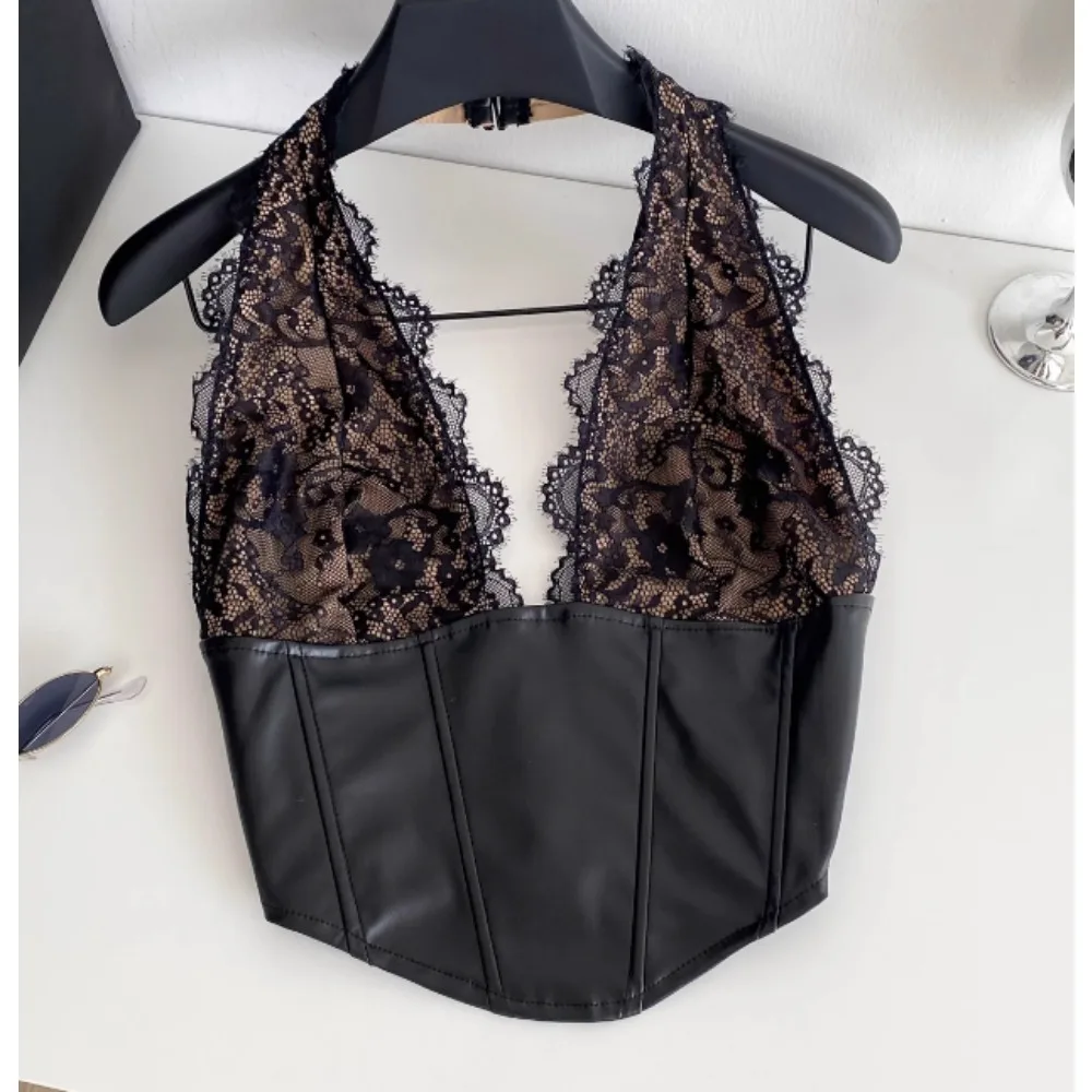 

Sexy halter PU sleeveless slim lace Tanks Top Vintage Corset Bustier Korean Women Party Sling Top Y2k