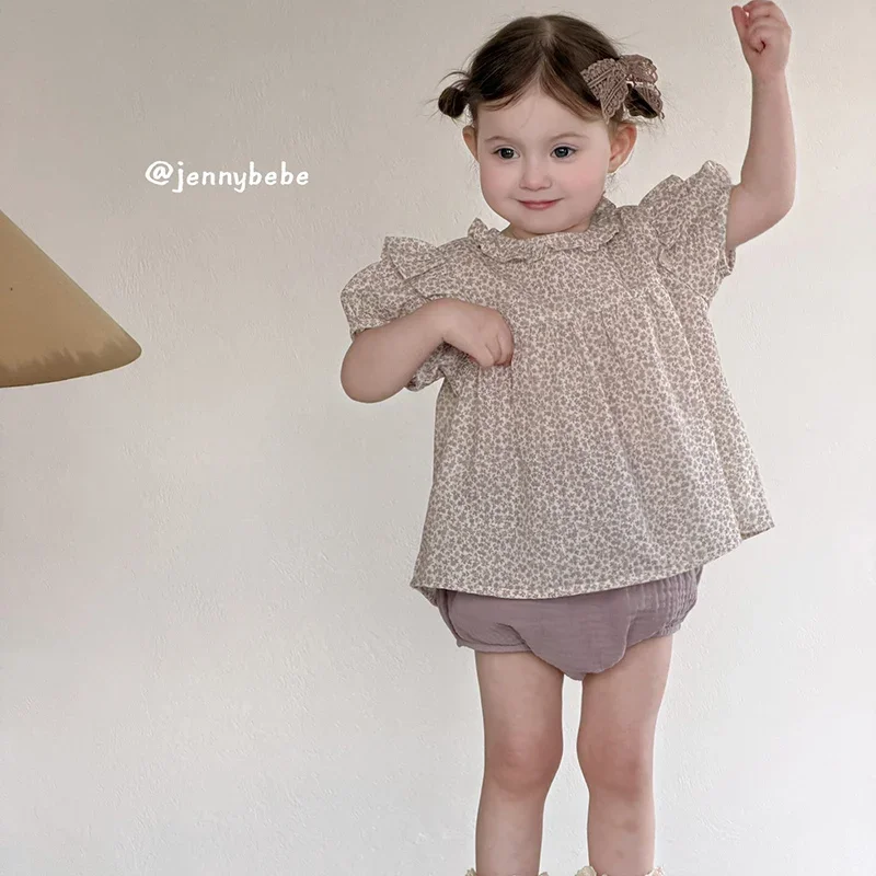 

Новый летний комплект одежды для новорожденных девочек 1-4 лет: хлопковая футболка с принтом и шорты-панталоны, 2026 год