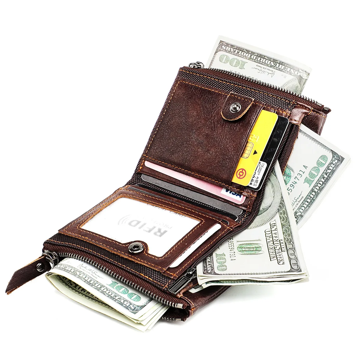 Genuine Leather Short Men RFID Wallets Name Engraving Leather Card Holder Brand Men Retro Coin Pocket Zipper Male Wallet