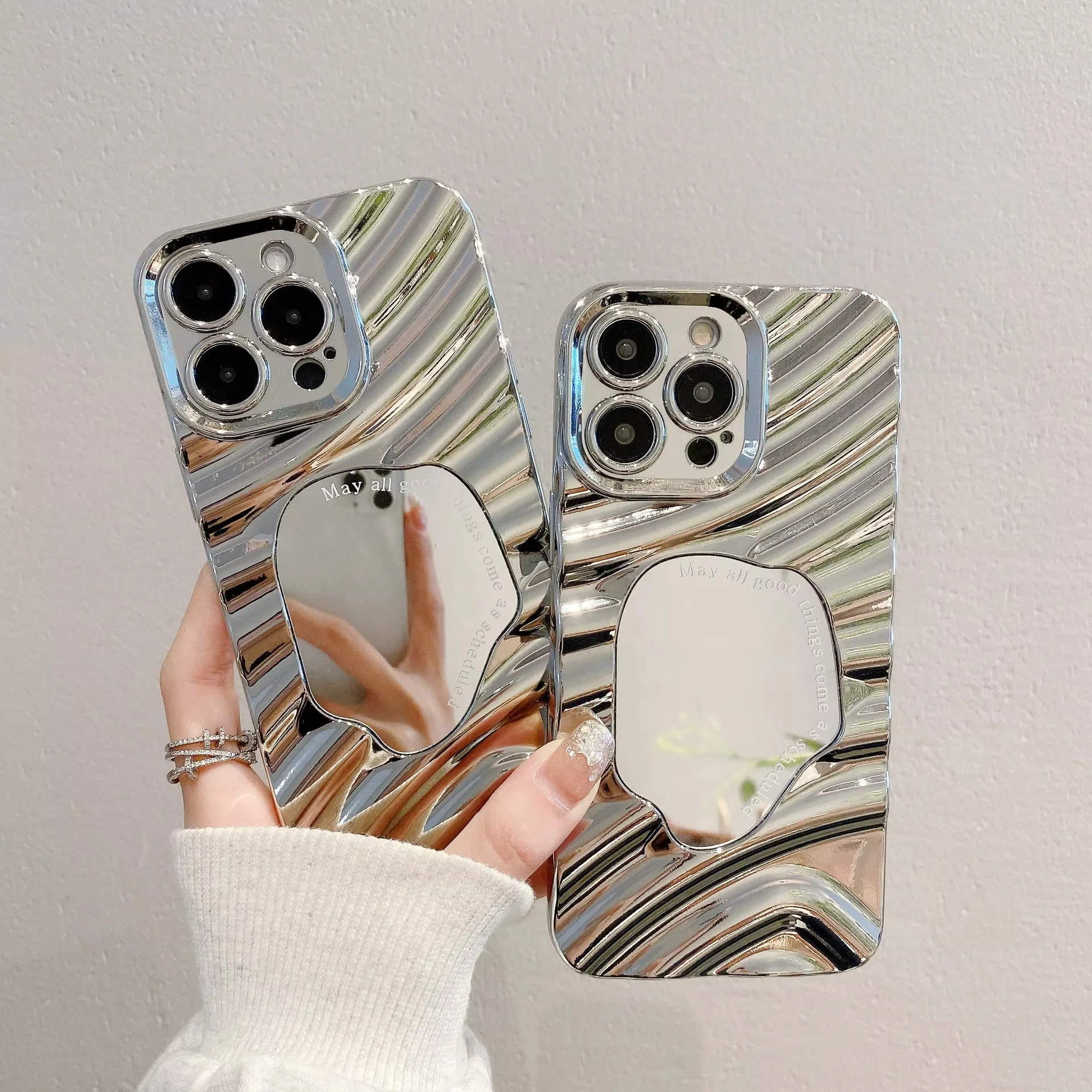 Wave Cosmetic Mirror Phone Case For iPhone 14 16 15 17 Pro 13 12 11 Pro Max Air Stylish Silver Electroplated Protective Cover view 5