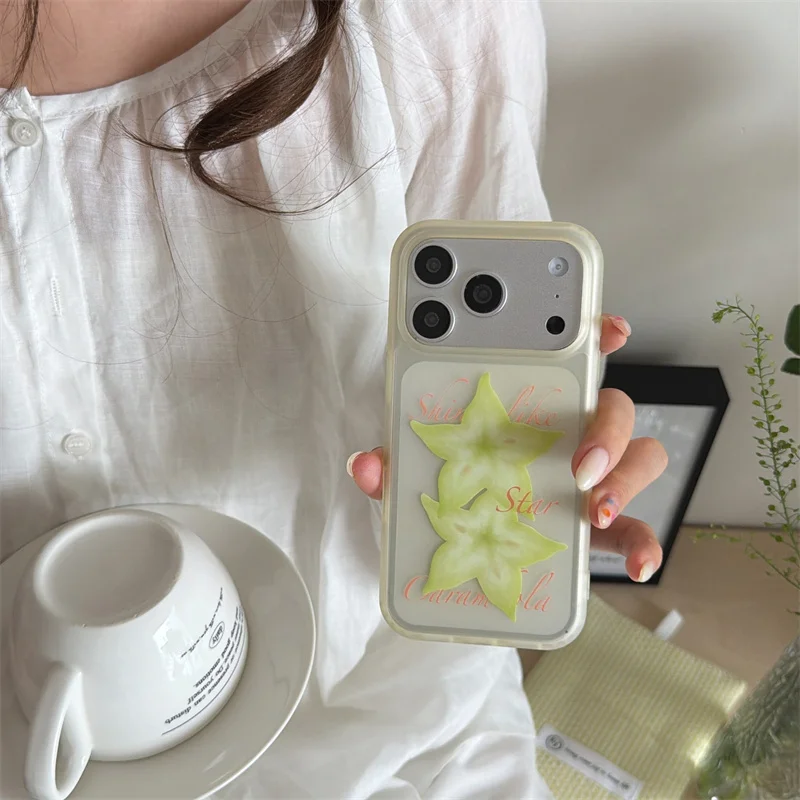 

Green Starfruit Clear Phone Case For iPhone 15 16 17 Promax Cute Fruit Transparent Shockproof Cover For Apple Luxury Fashion