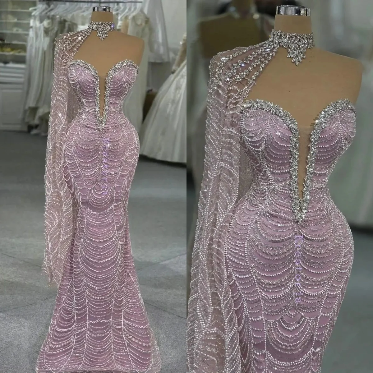 Elegant Evening Dresses Crystal Strapless Prom Gown with Cape Mermaid Sequins Beading Party Dress Customized Vestidos De Noche