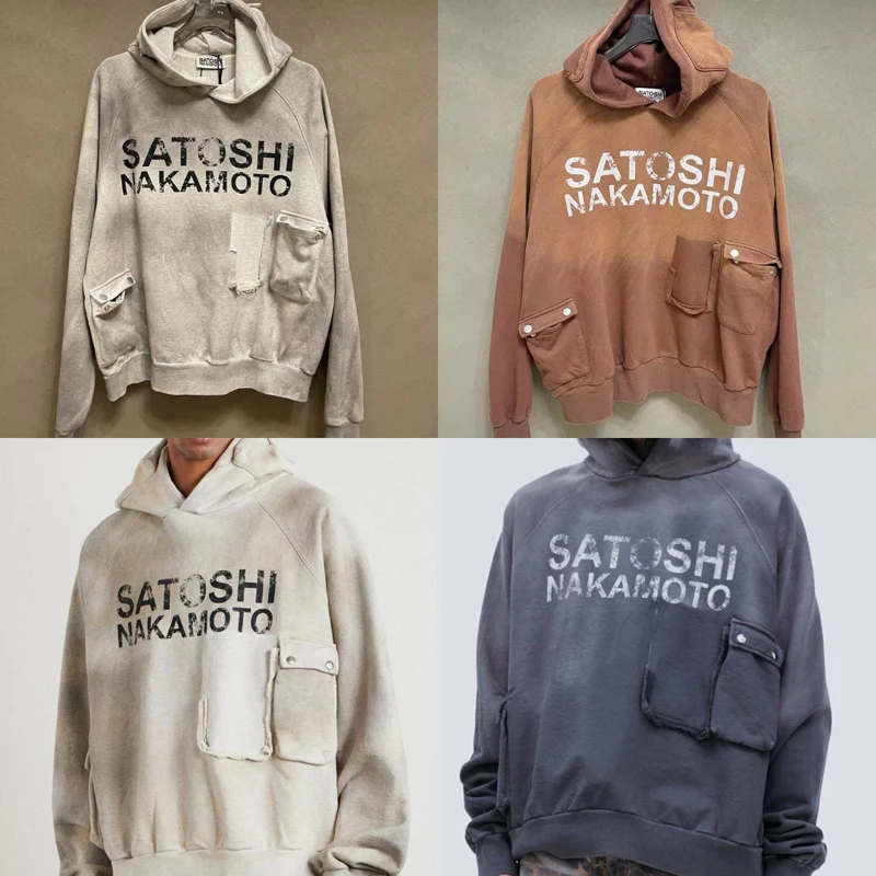 New Satoshi Nakamoto Hoodie Spliced Casual Loose Washed Sweatshirt Vintage Trend High Quality Pullover