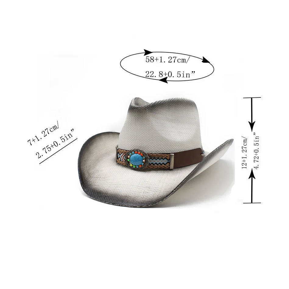 Women's Fashion Men's Retro Turquoise Leather Strap Band Hollow-out Bohemia Cowboy Western Summer Straw Cowgirl Sun Hat 58CM